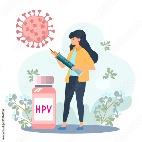 HPV vaccination for girls, hand drawn line drawing, Concept Prevent HPV infection by vaccination before getting infected.