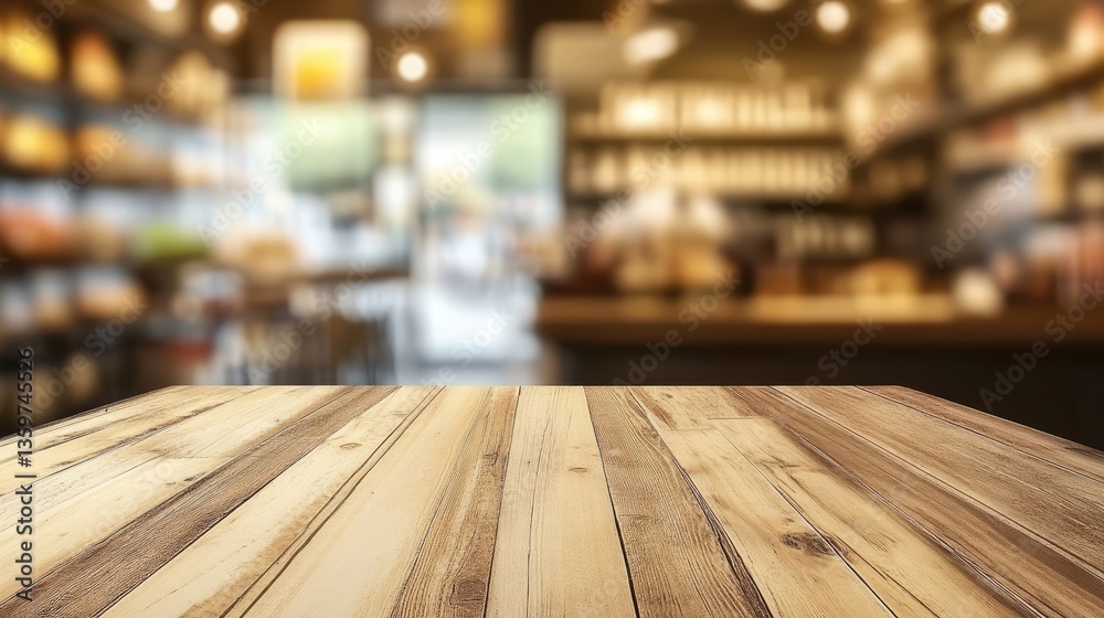 Wooden table in a cozy café setting with blurred shelves and patrons in the background enjoying beverages Wooden table in a cozy café setting with blurred shelves and patrons in the background enjoying beverages