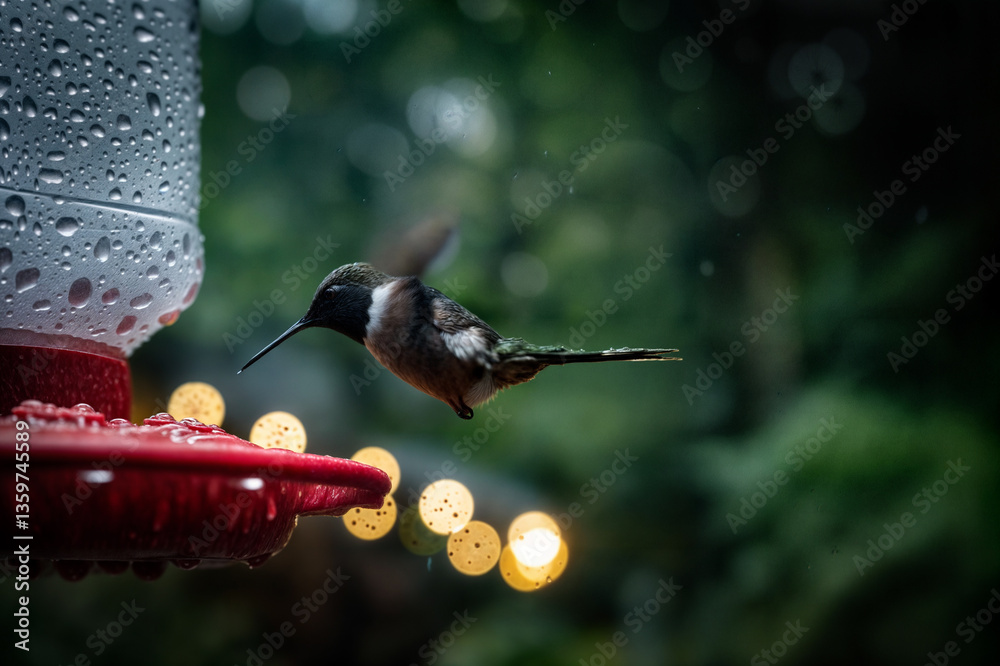 Obraz premium Hummingbird feeding at a rain-dotted bird feeder with blurred lights in the background.
