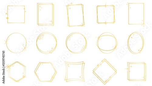 GoldGolden frames with sparkles, glitter and stars. Square, round, rhombus, oval shapes with glitter particles. Border templates for holiday design, vector graphics