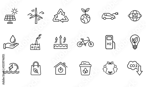 A high-quality collection of outline icons focusing on renewable energy, environmental conservation, and sustainable living.
