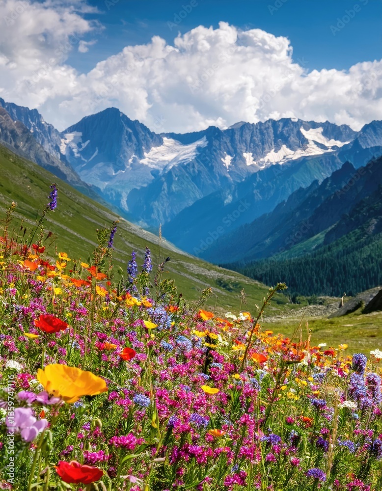 Fototapeta premium Wildflowers Bloom Across Mountain Valley
