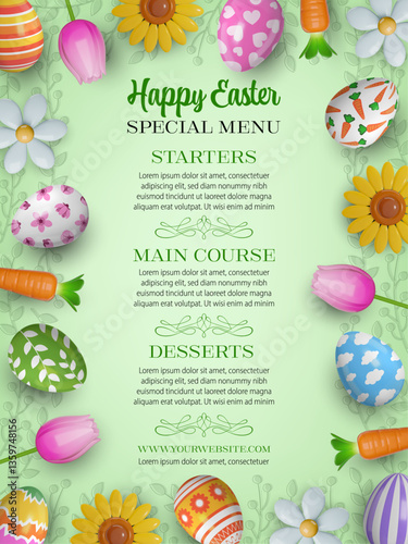 Photography easter special menu with 3d easter eggs and flowers