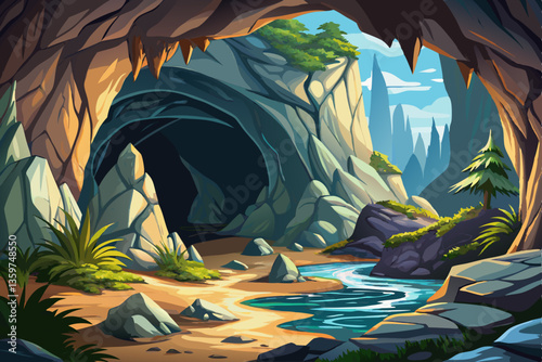 landscape with a rocky cave with stones illustration cartoon