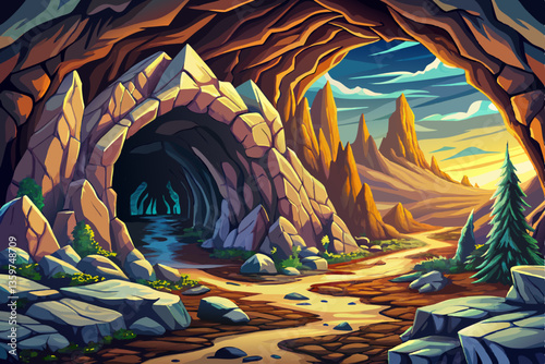 landscape with a rocky cave with stones illustration cartoon