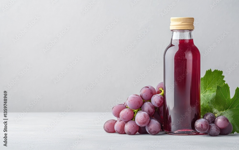 Glass bottle of red grape juice with fresh red grapes on a light gray background.  Natural light illuminates the scene, highlighting the vibrant color of the juice and grapes