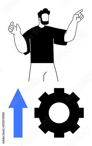 Confident man gesturing with blue upward arrow and black gear icon below. Ideal for productivity, progress, strategy, leadership, innovation, motivation, and efficiency. Flat simple metaphor