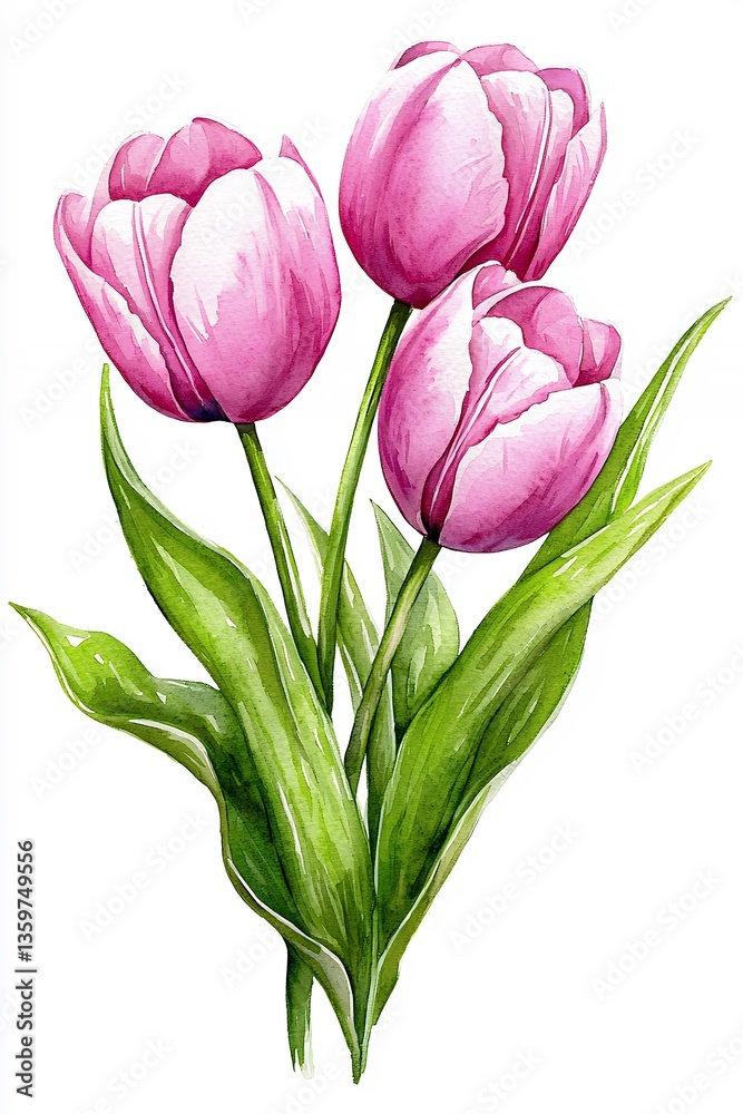 Fototapeta premium Three Pink Tulips Watercolor Painting on White Background