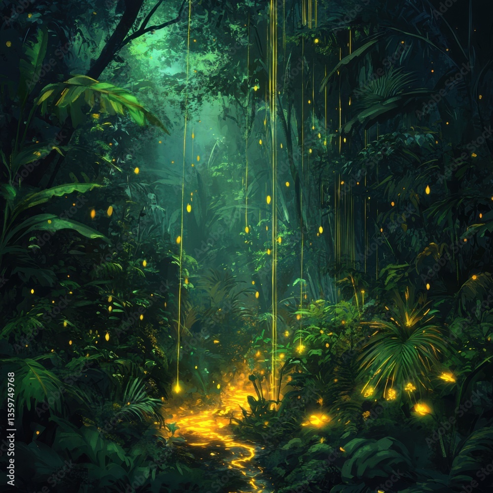 Fototapeta premium Enchanting Jungle Scene with Glowing Fireflies and Dense Foliage