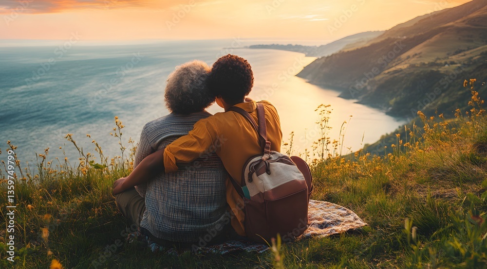 Fototapeta premium An elderly couple in love stands on a hill and looks at the beautiful view of the sea and mountains.