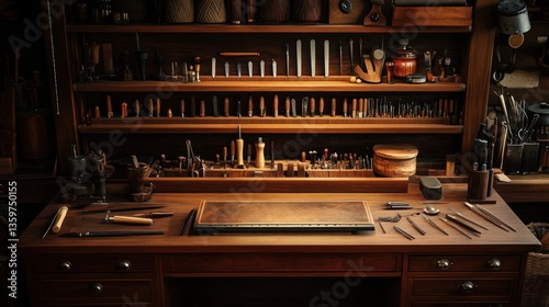 Artisan workshop workspace.  Organized shelves filled with tools and supplies.  Empty work table ready for use