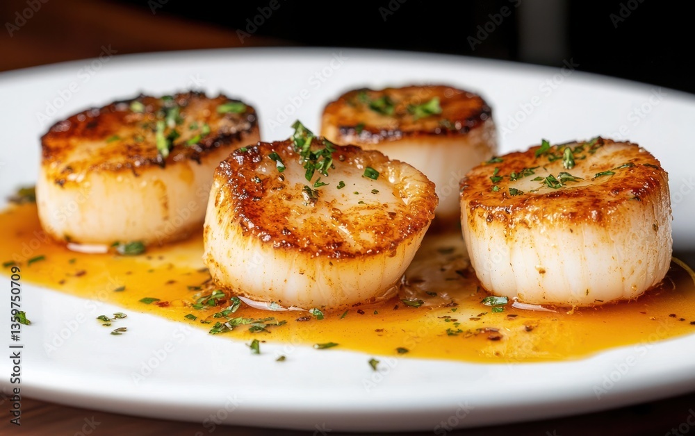 Four seared scallops arranged on a white plate with a light brown sauce. The scallops are golden brown and glistening. Fresh herbs garnish the dish Four seared scallops arranged on a white plate with a light brown sauce. The scallops are golden brown and glistening. Fresh herbs garnish the dish