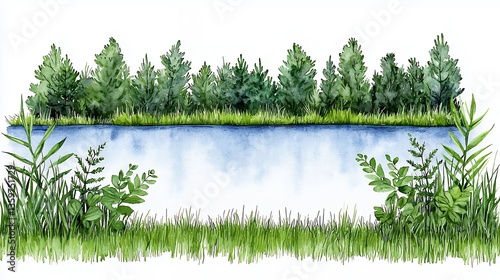 Tranquil Lake Watercolor Painting Lush Green Vegetation and Calm Blue Water