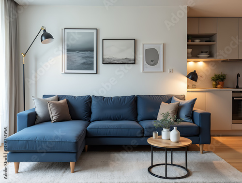 Navy blue sofa in studio apartment. Scandinavian home interior design of modern living room and kitchen.