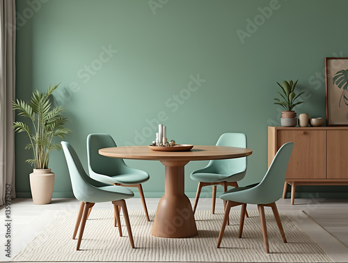Mint color chairs at round wooden dining table in room with sofa and cabinet near green wall. Scandinavian, mid-century home interior design of modern living room photo