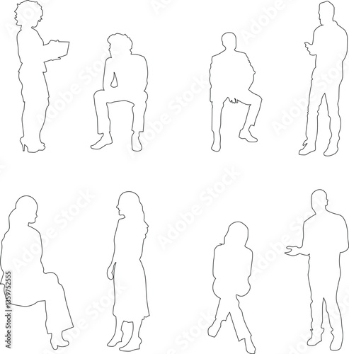 Linear silhouettes of seated people, designed for use in architectural plans, sections, and layouts.	
