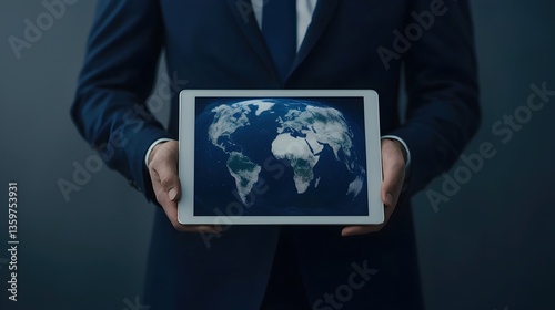 Wallpaper Mural Businessman Holding Tablet Displaying Digital Globe Image Torontodigital.ca
