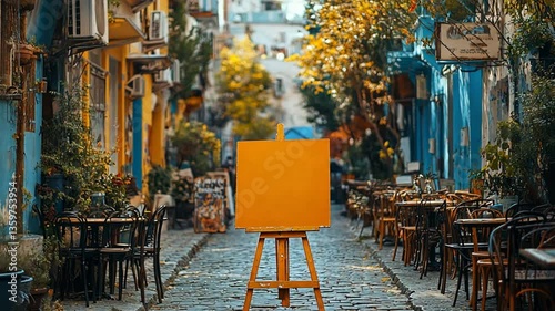 Empty street cafe alleyway with blank sign