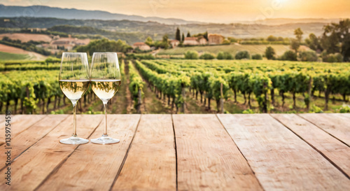 Wallpaper Mural Wine glasses on a rustic wooden table against a blurred vineyard background. Torontodigital.ca