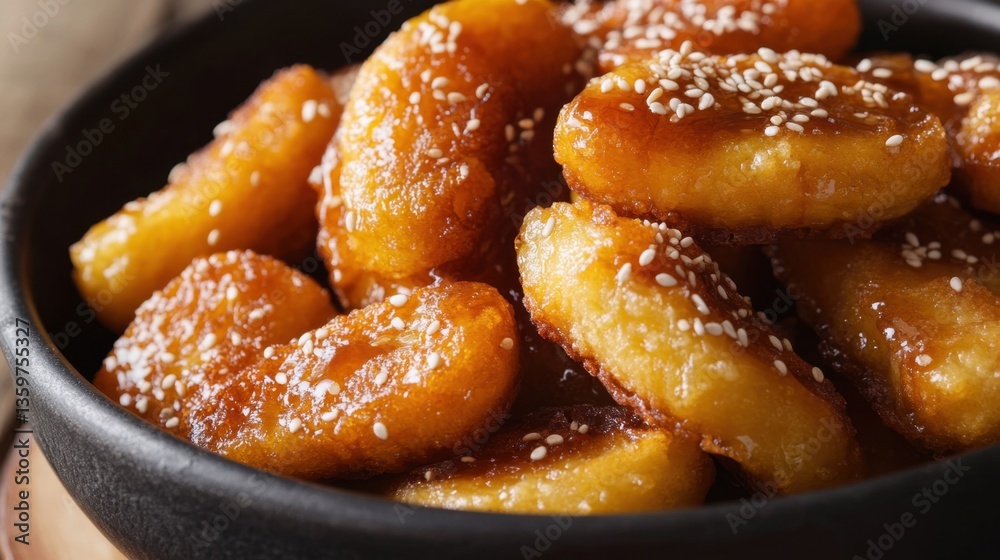A close-up of Thai banana fritters drizzled with honey and sprinkled with sesame seeds. A close-up of Thai banana fritters drizzled with honey and sprinkled with sesame seeds.