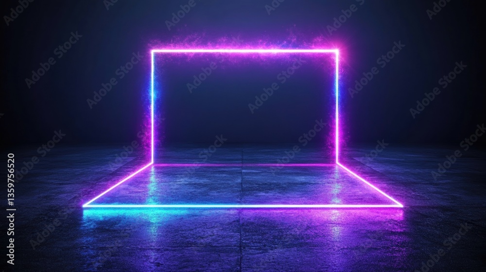 A Vibrant Neon-Lit Square Frame Glowing in Pink and Blue Hues Above a Reflective Dark Gray Floor Creating a Futuristic Ethereal Ambiance A Vibrant Neon-Lit Square Frame Glowing in Pink and Blue Hues Above a Reflective Dark Gray Floor Creating a Futuristic Ethereal Ambiance