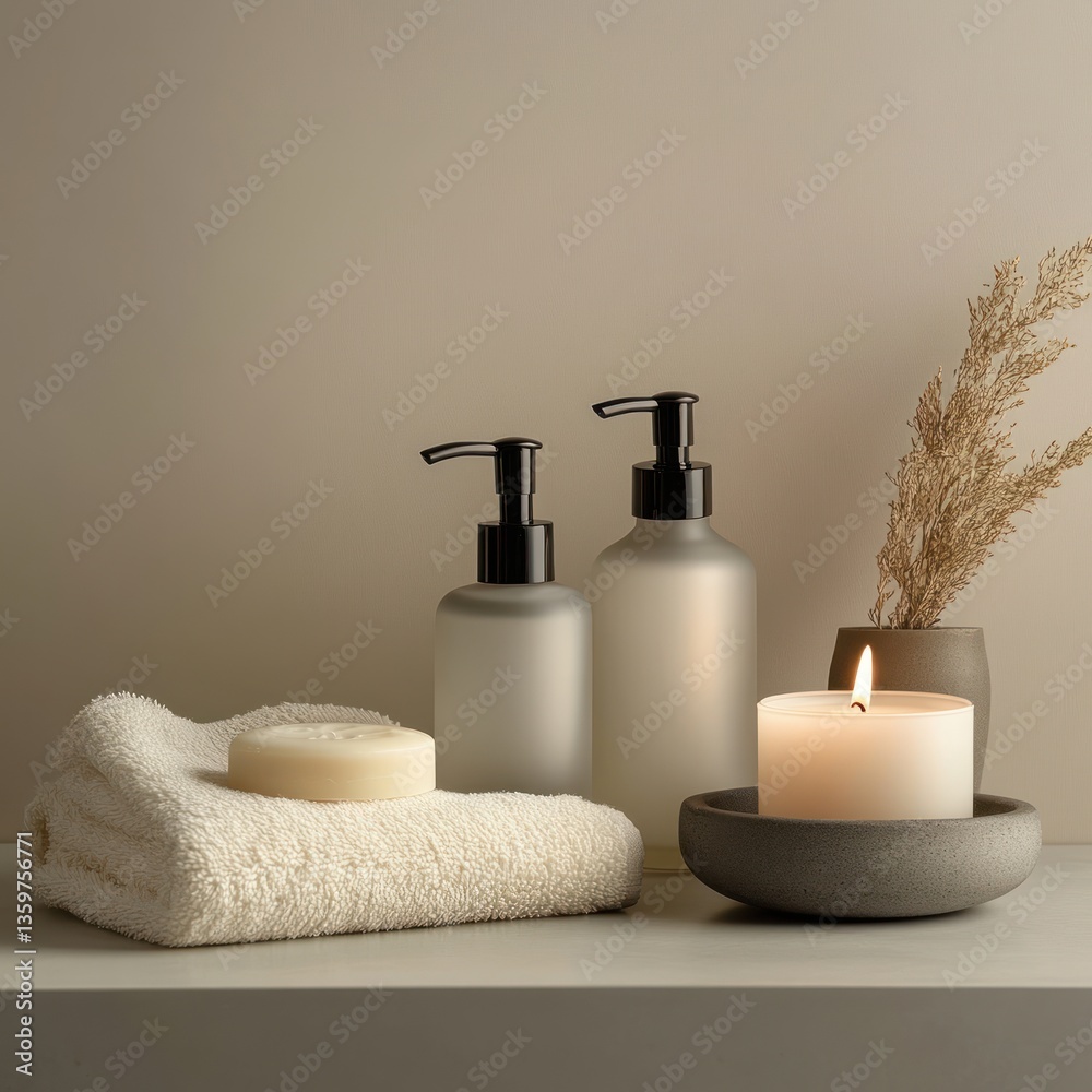 Natural spa essentials on a shelf. Frosted glass dispensers, soap bar, and candle. Soft, neutral tones Natural spa essentials on a shelf. Frosted glass dispensers, soap bar, and candle. Soft, neutral tones