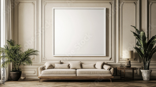 White empty poster frame above couch in modern living room with minimalist decor, neutral tones, and green indoor plants. Mockup. Copy space.