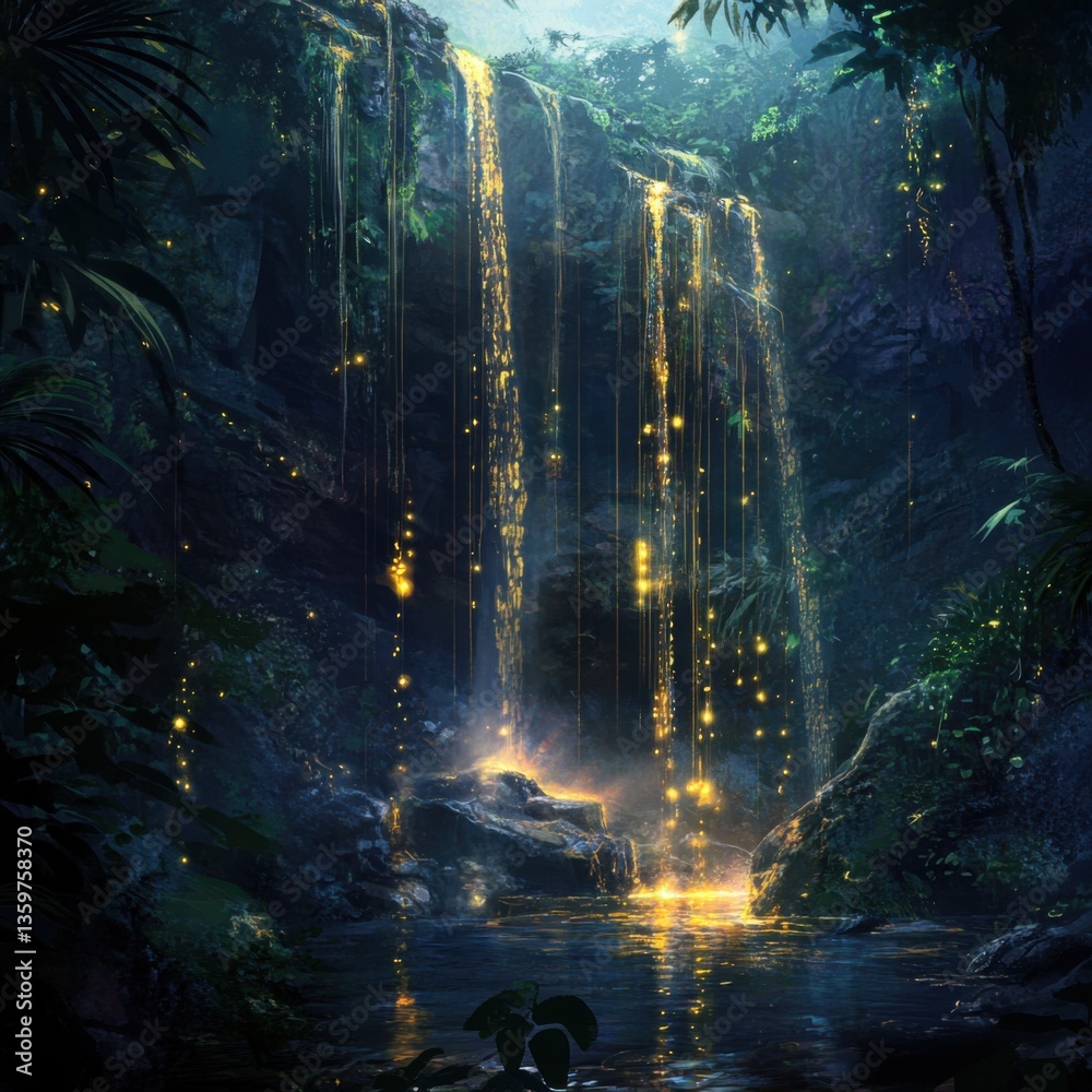 Obraz premium Enchanting Waterfall Surrounded by Lush Greenery and Sparkling Lights