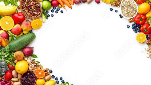 Corner borders featuring fruits, vegetables, whole grains and other healthy foods, promoting National Nutrition Month. Use bright, fresh colors on a white background