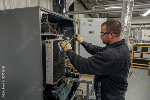 Technician repairs heating and cooling system in modern workshop during daylight hours