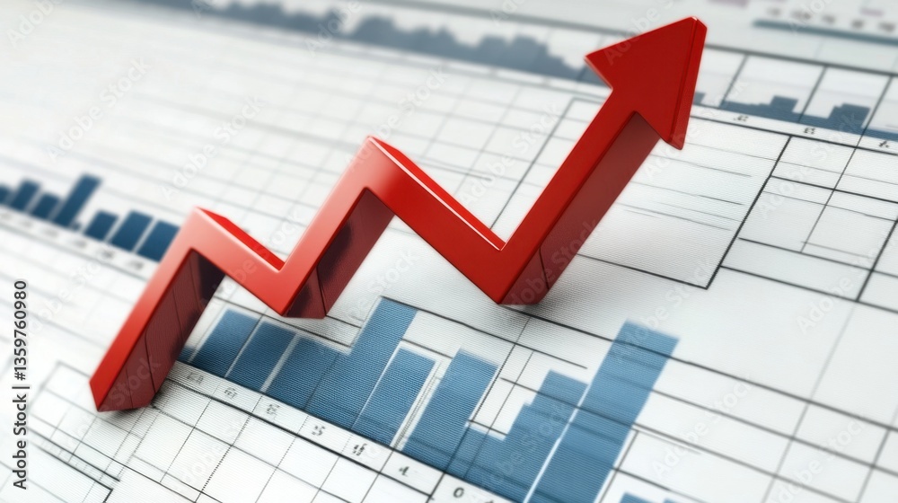 A corporate financial report displaying a rising arrow and percentage growth indicators on a digital screen. A corporate financial report displaying a rising arrow and percentage growth indicators on a digital screen.