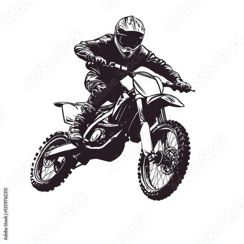 Black and white silhouette of a young male performing an adventurous motocross jump displaying dynamic action and skillful riding on a dirt bike during a thrilling outdoor sport competition