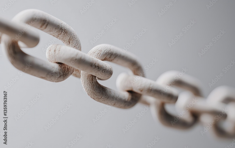 Fototapeta premium Close-up of a weathered, off-white chain against a blurred gray background. The texture of the chain is rough and slightly porous. The focus is shallow, emphasizing the detail of a few links