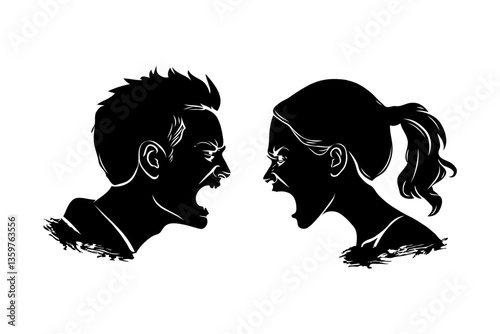 Silhouette of a man and woman shouting at each other, depicted in bold black lines on a clean white background. Concept of confrontation, divorce, conflict and misunderstanding in family