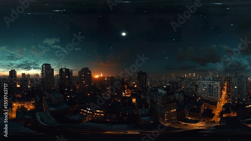 Spherical HDRI night view of a sprawling urban skyline, buildings glowing warmly with a mix of natural and artificial light 