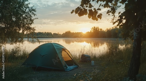 Serene lakeside camping scene at sunset with a tent, backpack, and calm water reflecting the sky