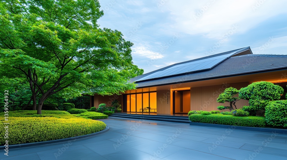Obraz premium A serene modern building surrounded by lush greenery and well-manicured gardens, featuring large windows that reflect the tranquil sky.