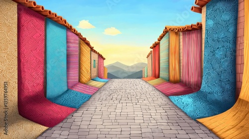 A colorful street with many different colored rugs and a blue sky in the background
