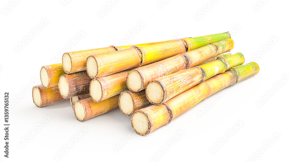 Fresh sugarcane stalks isolated on a clean white background, captured with Generative AI technology Fresh sugarcane stalks isolated on a clean white background, captured with Generative AI technology