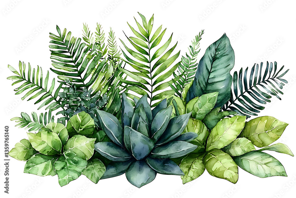 Obraz premium Watercolor botanical illustration featuring an assortment of verdant tropical leaves and plants creating a lush and vibrant natural arrangement.