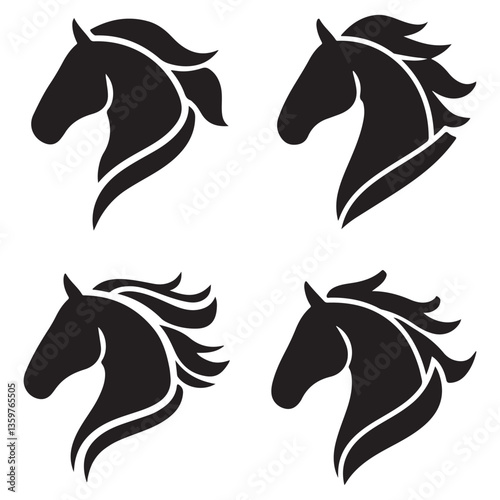 "Stylish Horse Head Silhouettes - Set of Four Black Designs"
