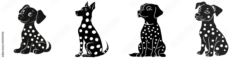 Fototapeta premium Set of a black and white polka dot dog silhouette clip art, isolated on a transparent background.