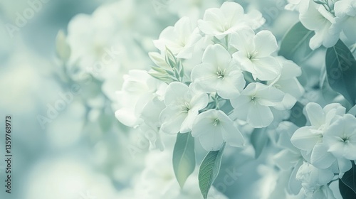 A soft-focus image of delicate white flowers against a light background.