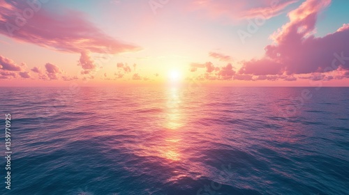 Calm ocean sunset.  Soft, warm light reflecting on rippled water.  Pink and orange hues paint the sky