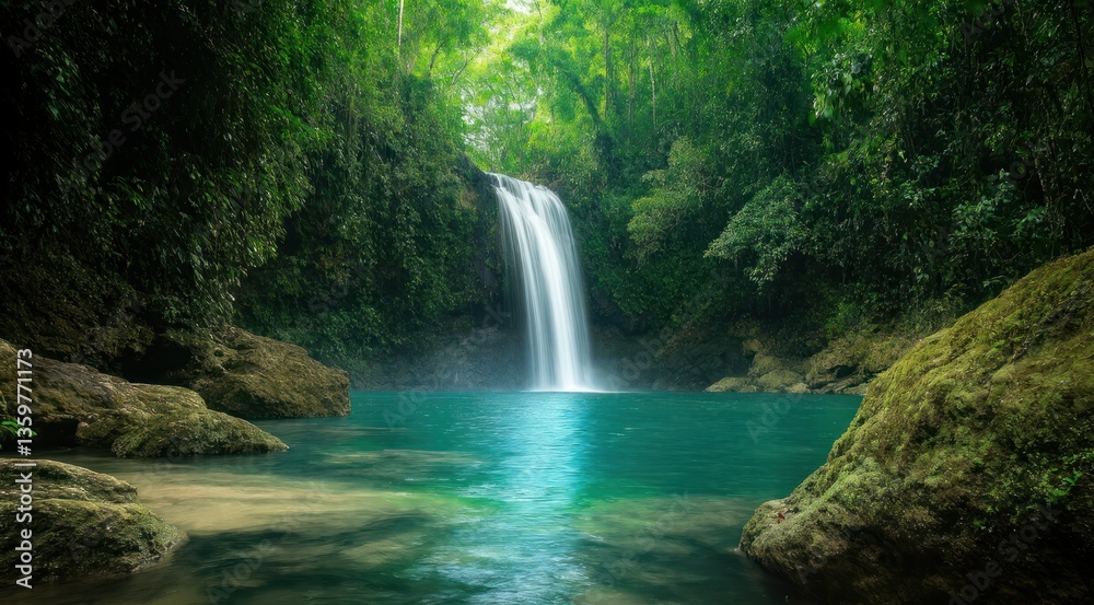Fototapeta premium A serene waterfall flowing into a tranquil pool surrounded by lush trees.