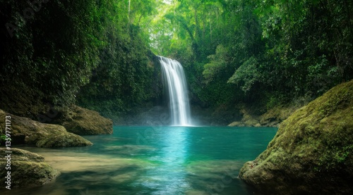 A serene waterfall flowing into a tranquil pool surrounded by lush trees.