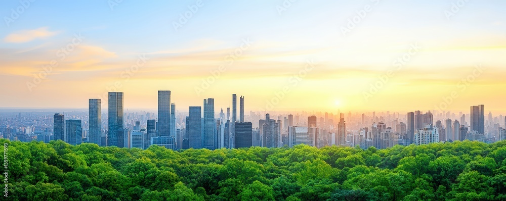 Obraz premium A vibrant city skyline at sunset, framed by lush green trees, showcasing the harmony between nature and urban development.