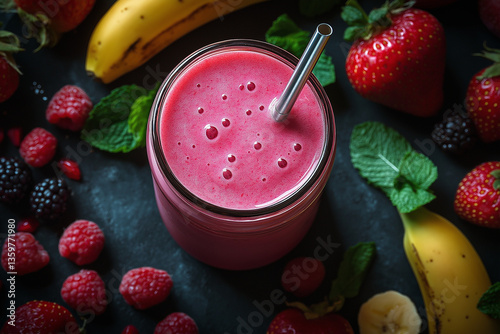 Smoothie rouge fruité en bocal vu de dessus avec fruits frais et paille en métal, ambiance colorée et appétissante