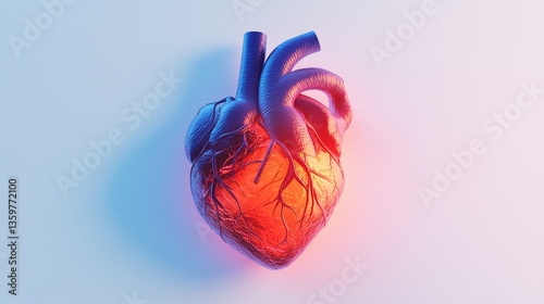 Glowing Human Heart with Arteries and Veins