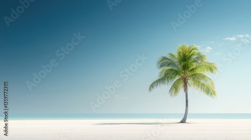 Fototapeta Naklejka Na Ścianę i Meble -  white sea beach with lonely coconut tree, blue sky and white transparent sea.